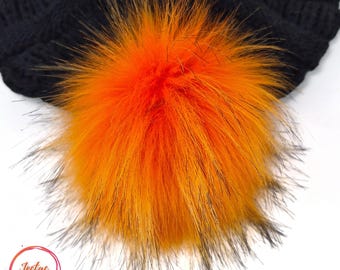 Luxury Orange Faux Fur Pom Poms with Dark Tips, Large Pumpkin Poms for hats Detachable with Elastic Loop, Snap or Ties: 6, 5 or 4 inch size