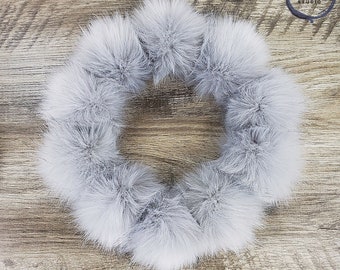 Light Grey Faux Fur Pom Poms for knitted beanies hats and crafts 4 inch Medium Size Cloud Gray Fake Fur Poms with Snaps Loops or Tie Strings