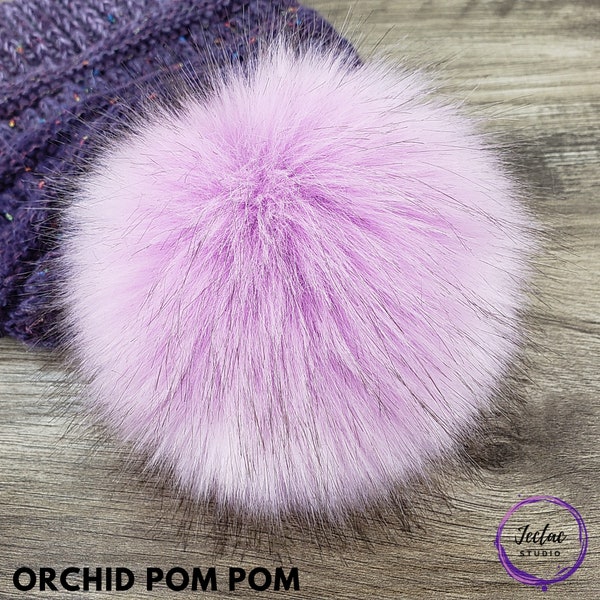 Custom size Orchid Faux Fur Pom Poms for crochet crafts hats and beanies Light Pastel Purple Pompom with button snap ties or loop 3 - 6 inch