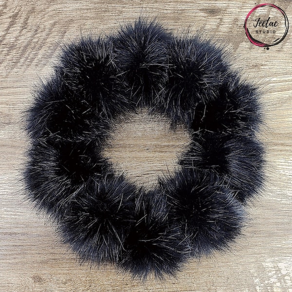 Jet Black Faux Fur Pom Poms for knitted hats beanies key chains and crafts 4 inch Medium Size Fake Fur Poms with Snaps, Loops or Tie Strings