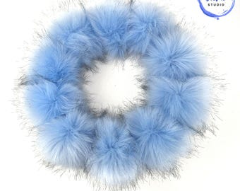 Baby Blue Faux Fox Fur Pom Poms for Crochet Hats & Beanies 4 inch Light Pastel Blue Artificial Fur Pom Poms with Snap, Tie Strings or Loops