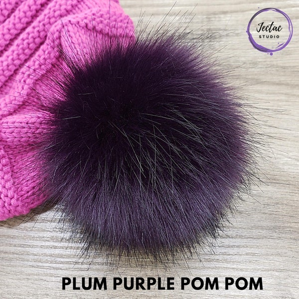 Custom size Plum Purple Faux Fur Pom Poms for crochet crafts hats and beanies Dark Purple Pompom with button snap ties or loop 3 thru 6 inch