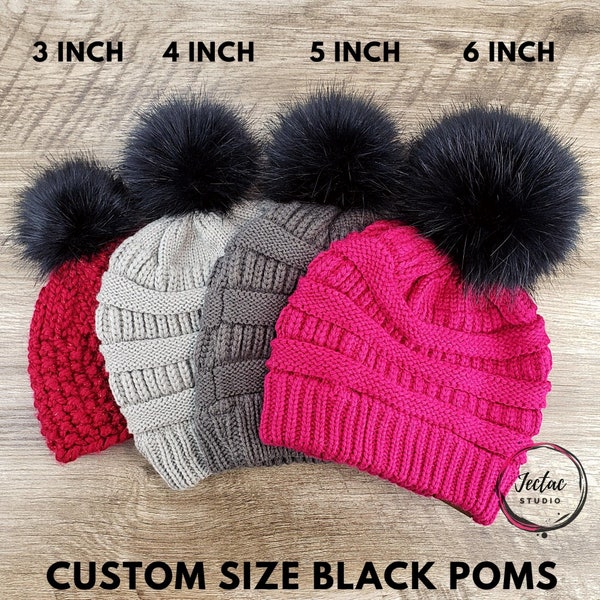 Custom size Jet Black Faux Fur Pom Poms for knitted beanies hats and crafts Fluffy 3, 4, 5 or 6 inch Pompom with ties, loop or sew on snap