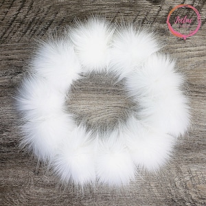 Bright White Faux Fur Pom Poms for crochet crafts Large Fluffy Solid White as Snow Pom for knitted hats Detachable 4 inch fur ball with loop