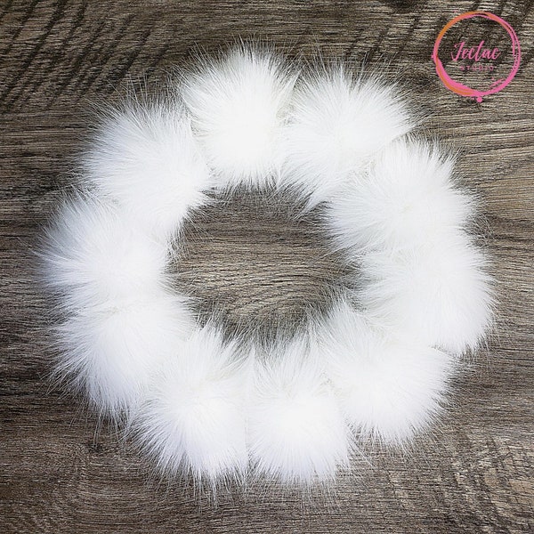 Bright White Faux Fur Pom Poms for crochet crafts Large Fluffy Solid White as Snow Pom for knitted hats Detachable 4 inch fur ball with loop