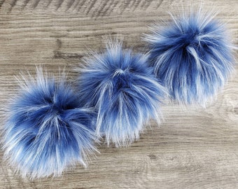 Spiked Faux Fur Blue Pom Pom for crafts Speckled Fake Fur Poms for crochet hats, beanies and scarfs two tone Pompom with Loop, Snap or ties
