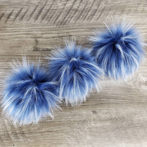 Spiked Faux Fur Blue Pom Pom for crafts Speckled Fake Fur Poms for crochet hats, beanies and scarfs two tone Pompom with Loop, Snap or ties