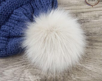 Sand Beige Faux Fur Pom Poms for crochet crafts 4 inch Off White Pom Poms for Knitted Hats & Beanies Detachable Poms with Snap Ties or Loops