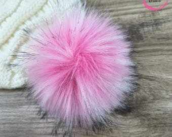 Luxury Bubblegum Pink Faux Fur Pom Pom with spikes Large Fluffy Poms for hats and beanies Detachable Poms with Loop, Snap Button or Ties