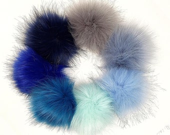 Large Blue Faux Fur Pom Poms for hats, scarfs, crafts and crochet beanies 4 inch PomPom balls variety of Teal Navy Baby Blue Grey with loop