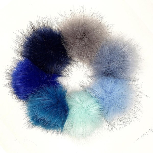 Large Blue Faux Fur Pom Poms for hats, scarfs, crafts and crochet beanies 4 inch PomPom balls variety of Teal Navy Baby Blue Grey with loop