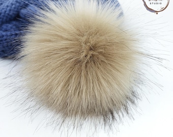 Custom size Khaki Tan Faux Fur Pom Poms for Knitted Beanies Hats and Crafts 2, 3, 4, 5 or 6 inch Detachable Pompom with Ties, Loop or Snaps