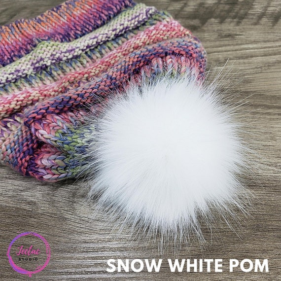 Custom size Bright White Faux Fur Pom Poms for crochet crafts hats and  beanies Fluffy Solid White as Snow Pom with button snap, ties or loop