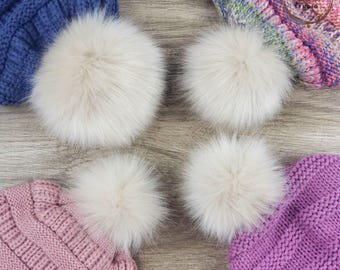 Custom size Sand Beige Faux Fur Pom Poms for Knitted Beanie Hats and Crafts 3, 4, 5 or 6 inch Off White Poms with Loop, Tie Strings or Snap