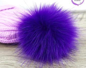 Custom Size Purple Violet Faux Fox Fur Pom Poms for Beanie Hats and Crafts 3 to 6 inch size Choose Attachment: Snap, Tie Strings or Loop