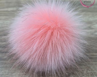 Peach Blush Faux Fur Pom Poms for crochet crafts 4 inch Pastel Pom Poms for Knitted Hats & Beanies Detachable Poms with Snap Ties or Loops