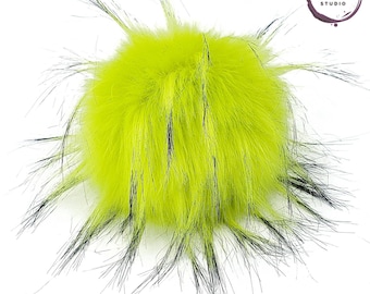 Chartreuse Yellow Green Faux Fur Pom Pom with spikes Large Fluffy Poms for hats beanies and crafts Detachable with Loop, Snap Button or Ties