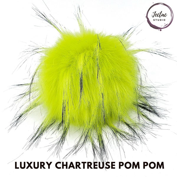 Chartreuse Yellow Green Faux Fur Pom Pom with spikes Large Fluffy Poms for hats beanies and crafts Detachable with Loop, Snap button or ties