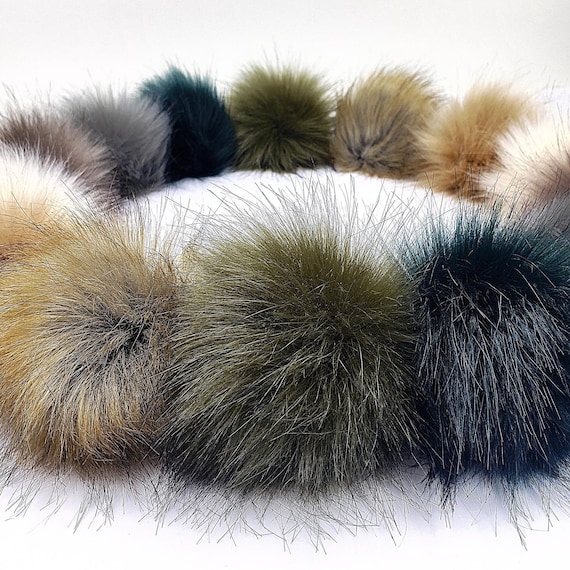 Woodland Colors of Faux Fur Pom Poms for Hats Scarfs Crafts and Crochet  Beanies 4 Inch Pompom Balls in Olive Green Tan Grey Cream and Browns 