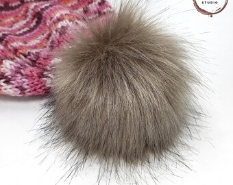 Custom size Light Toffee Brown Faux Fur Pom Poms for knitted beanies hats and crafts Fluffy 3, 4, 5 or 6 inch Pompom with ties, loop or snap