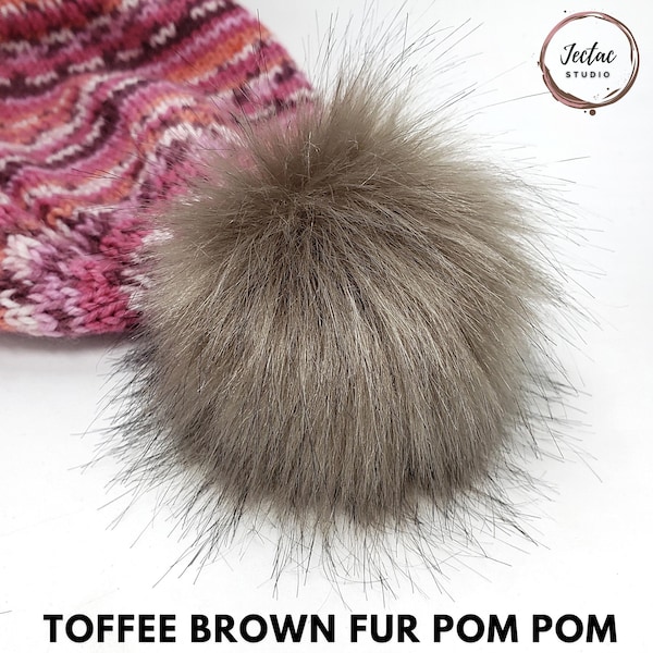 Custom size Light Toffee Brown Faux Fur Pom Poms for knitted beanies hats and crafts Fluffy 3, 4, 5 or 6 inch Pompom with ties, loop or snap