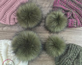 Custom size Army Olive Green Faux Fur Pom Poms for crochet crafts, hats and beanies Large 6" to Small 3" Fluffy Poms with snap, ties or loop