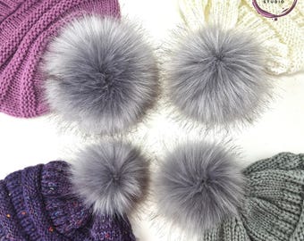 Custom size Flint Gray Faux Fur Pom Poms for crochet crafts, hats and beanies Large 6" to Small 3" Light Gray Poms with snap, ties or loop