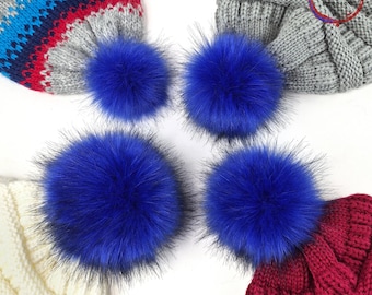Custom size Royal Blue Faux Fur Pom Poms for crochet crafts, hats and beanies Large 6" to Small 3" Fluffy Poms with snap, ties or loop