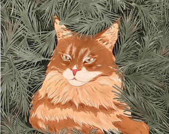 Impresión artística giclée de edición limitada Pine Cat de 8x8 pulgadas