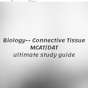 May include: Black and white illustration of connective tissue with the text "Biology-- Connective Tissue MCAT/DAT ultimate study guide". The illustration shows a cell with an elongated nucleus and a small amount of rough endoplasmic reticulum.