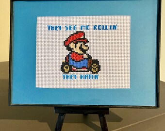Mario Mashup 5x7 cross stitch /& comes with display easel They see me rollin