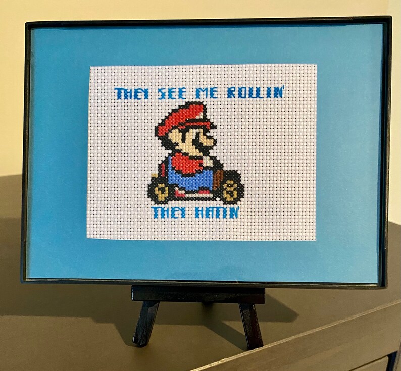 Mario Mashup 5x7 cross stitch /& comes with display easel They see me rollin