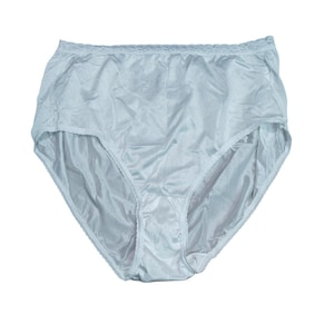 May include: Light blue underwear with a high waist and a satin finish. The underwear has a delicate lace trim along the waistband. The fabric appears smooth and slightly shiny, with visible seams.