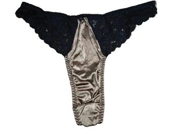 Tanga vintage Saint Moris de satén bronce y encaje negro para mujer, talla XXXL