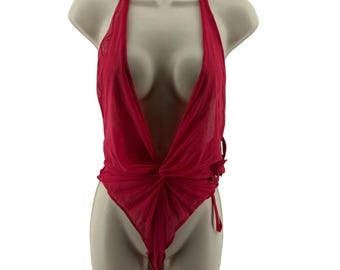 Vintage Victoria Secret Semi Sheer Red Deep Plug Bodysuit Womens Size Medium