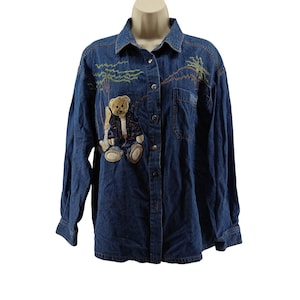 Vintage Together Denim Shirt Teddy Bear Applique Button Front Shirt Womens Medium