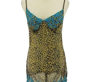 Vintage Y2K Victoria's Secret Babydoll Sheer Leopard Teal Embroidered Nightie M