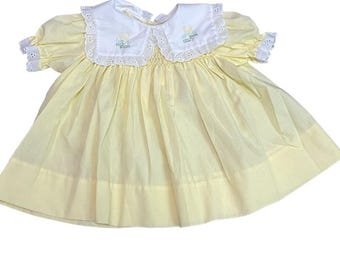 Vintage Wonderalls Baby Girls Pale Yellow Polly Dress Peter Pan Collar Eyelet