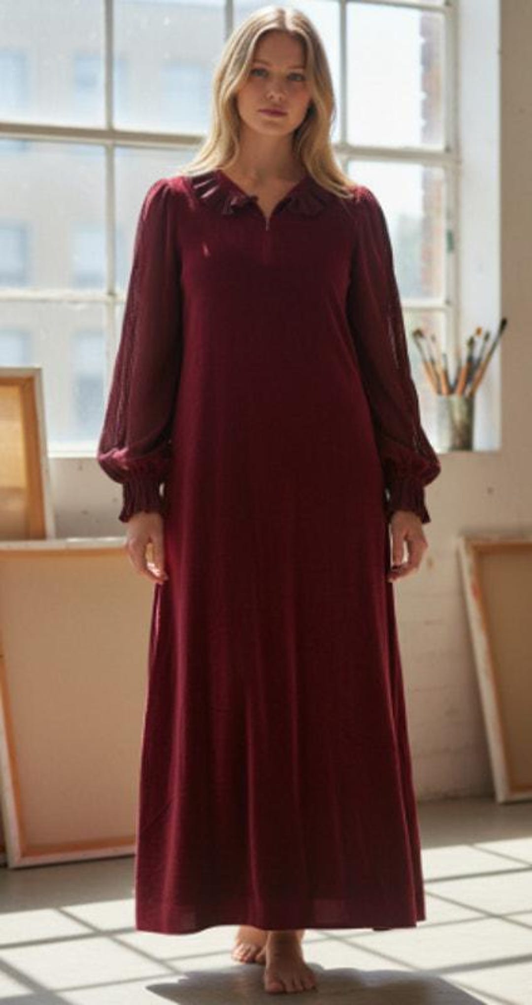 Alan Ruffle Vintage R. Michael Alan Deep Red Ruffle Trim House Coat Robe Womens ...