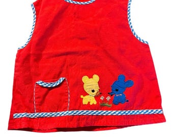 Original Vintage 1960 Baby Dress Pinafore Childrens Size 80 Red Yellow Blue Dog