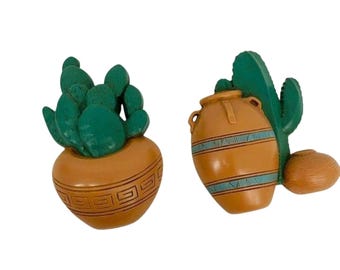 Vintage Southwestern Boho Cactus Clay Pot Decor Pair Wall Decor