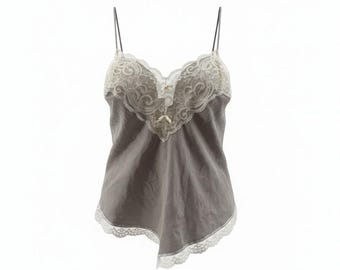 Vintage Pollinaise Silver Grey Cream Lace Camisole Nylon Womens 34