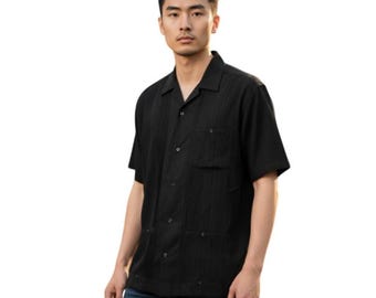 Camisa Guayabera Vintage Negra Manga Corta 100% Lino Hombre Talla 36