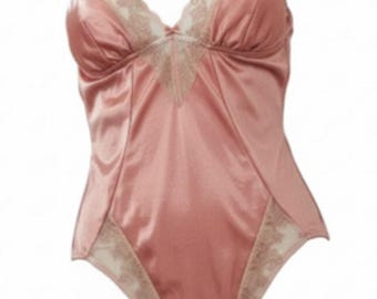 Vintage Sear Shiny Pink Satin Teddy Bodysuit Peek a Boo V Neck Womens Size 32