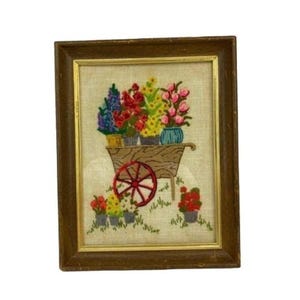 Carro de jardín de flores vintage terminado, bordado a mano, OOAK
