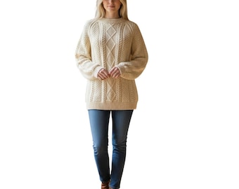 Vintage 80s Bunratty Wool Pullover Jumper Sweater Fisherman Cream