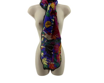Vintage Mamudpur 80s Rainbow Jungle Silk Scarf Elephant Big Cat Floral Full Moon