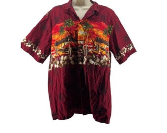Royal Hawaiian Creations Palm Chest Aloha Shirt Burgundy Short Sleeve Short XL