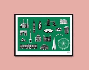 London Landmarks Art Print, London Travel Print, London Gift, London Souvenir, London Wall Decor Print