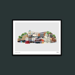 May include: An illustration of Streatham, London, featuring a variety of buildings, including a church, a theatre, and a pub. A red double-decker bus is driving through the street.